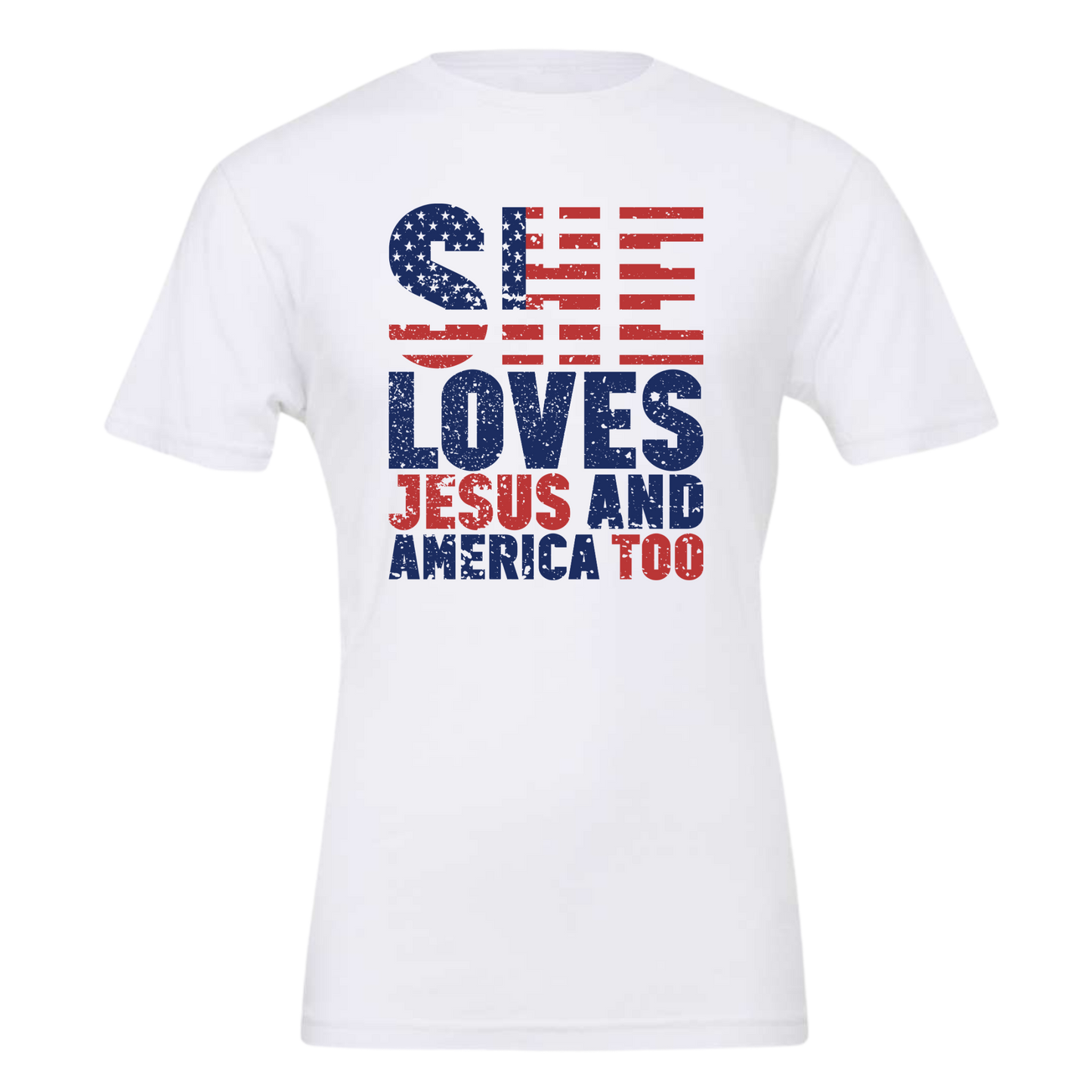 She Loves Jesus and America Too Unisex Tee (Oversized Print)